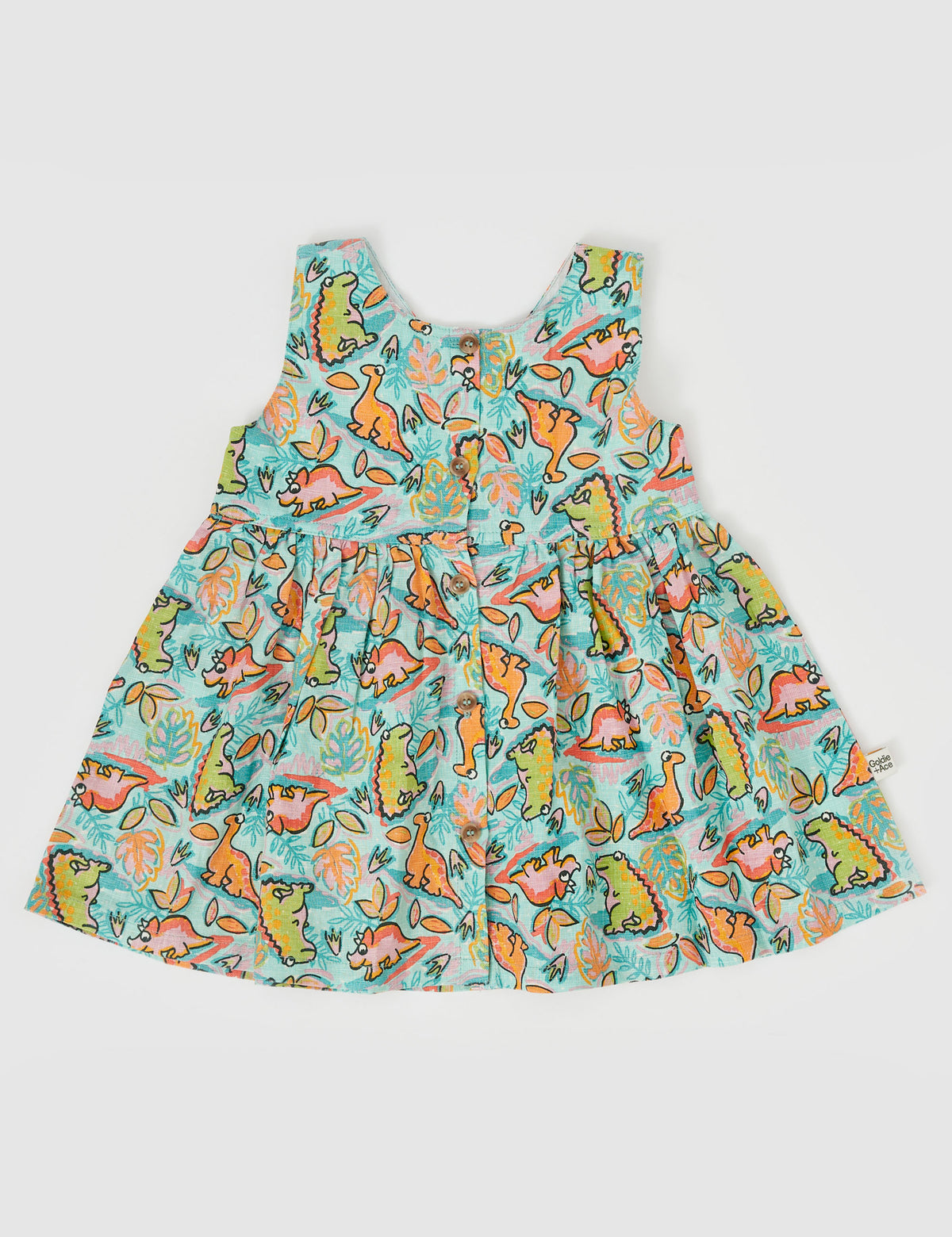 Goldie and Ace WENDY Y-BACK LINEN DRESS DINO JUNGLE SEA FOAM